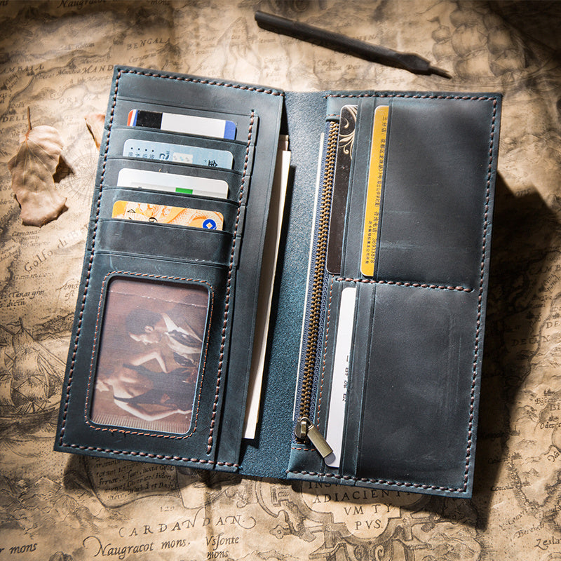 Men's Handmade Cow Leather DIY Long Wallet Solid Color