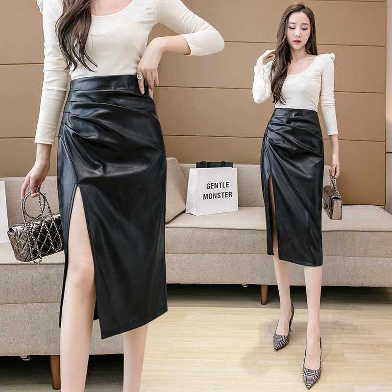 High Waist Black Pleated PU Leather Long Skirt