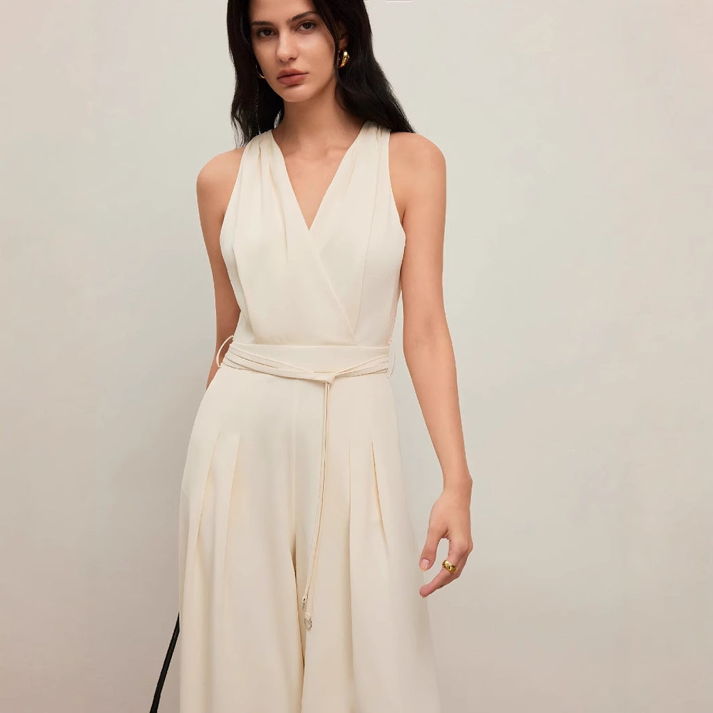 Women's Apricot V-Neck Sleeveless Polyester Jumpsuit