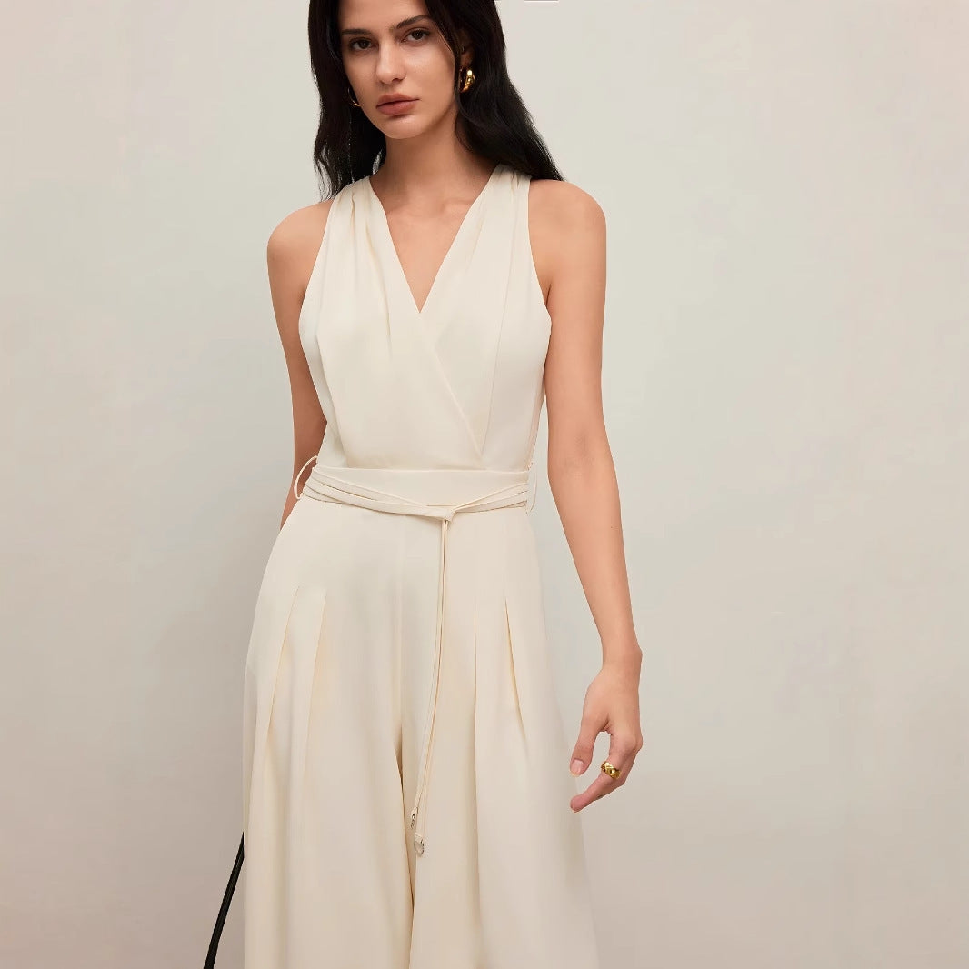 Women's Apricot V-Neck Sleeveless Polyester Jumpsuit