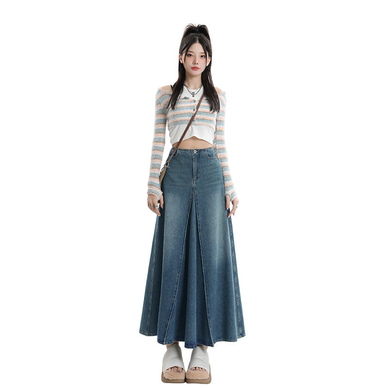 Jupe en jean trapèze mi-longue taille haute rétro style américain