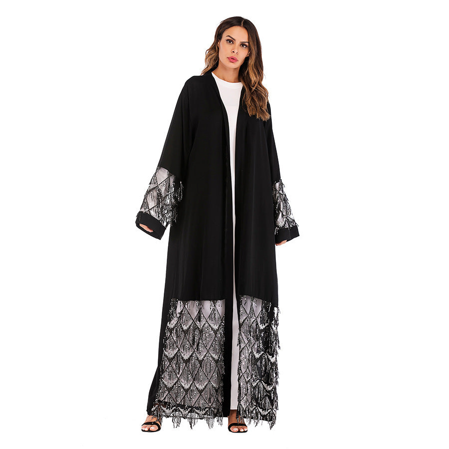 Fashion Robe Mesh Bead Panel Loose Lace Up Long Sleeve Cardigan, Middle Eastern Women’s Dress