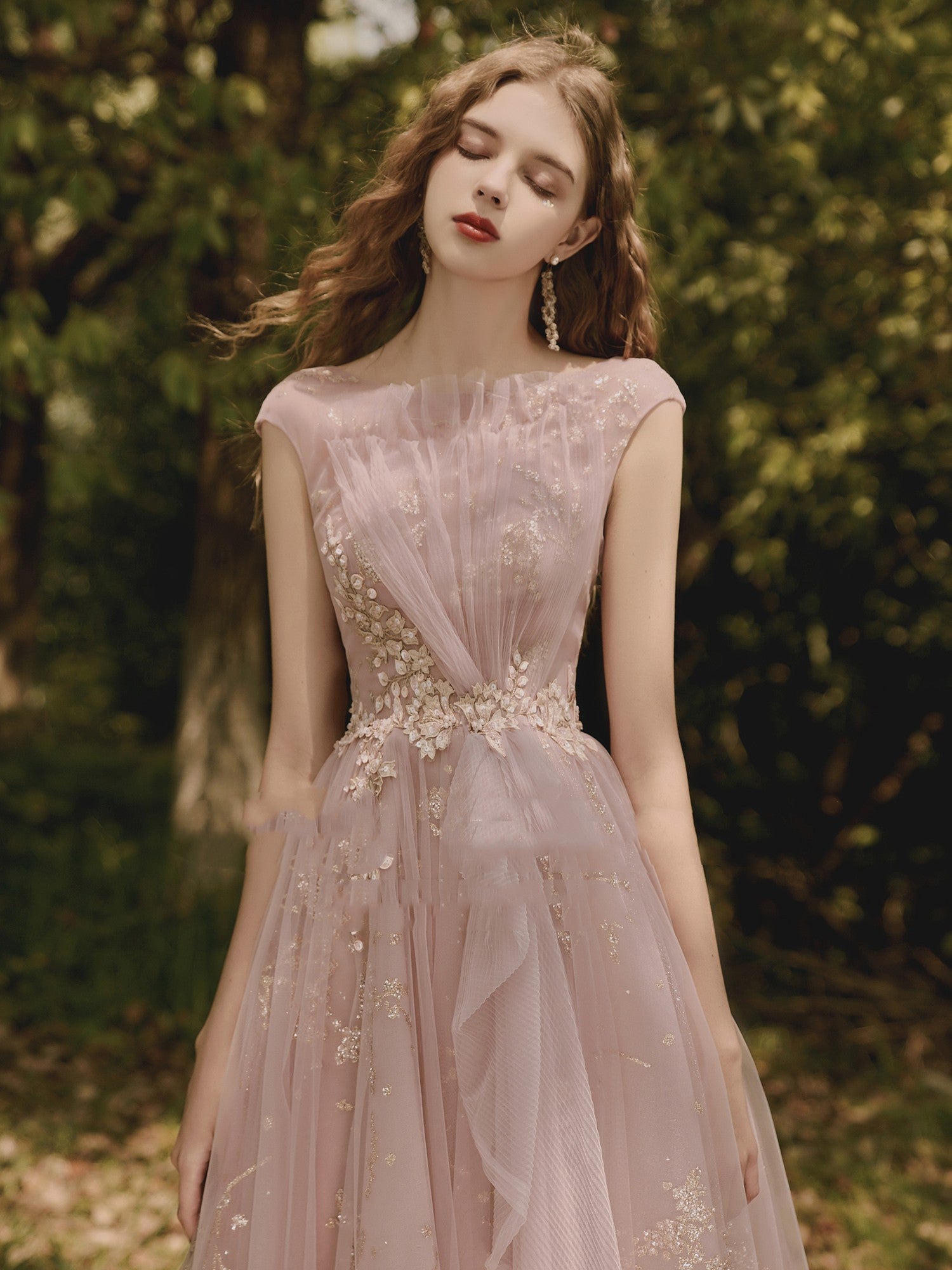 Women's Petal Pink Mid Waist Bride Toasting Dinner Dress, Short Sleeve, Long Length, Sizes XS-L