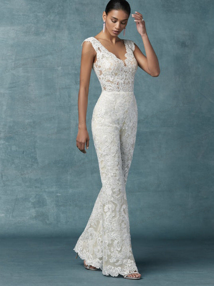 Embroidery Lace Sleeveless Wedding Dress Two-Piece Suit with Removable Skirt by Silk