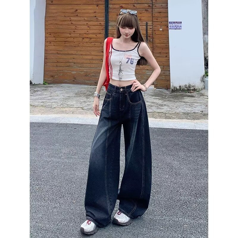Women's High Waist Dark Blue Wide Leg Denim Jeans