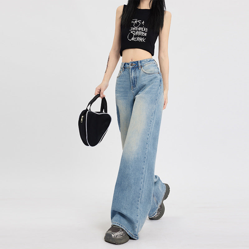 Jeans taille haute rétro bleus coupe large pour femme
