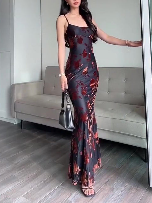 Flocked Slim Fit Strappy Maxi Dress