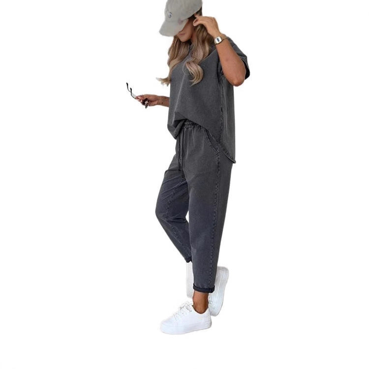 Solid Color Short-Sleeve Cropped Pants Casual 2-Piece Set