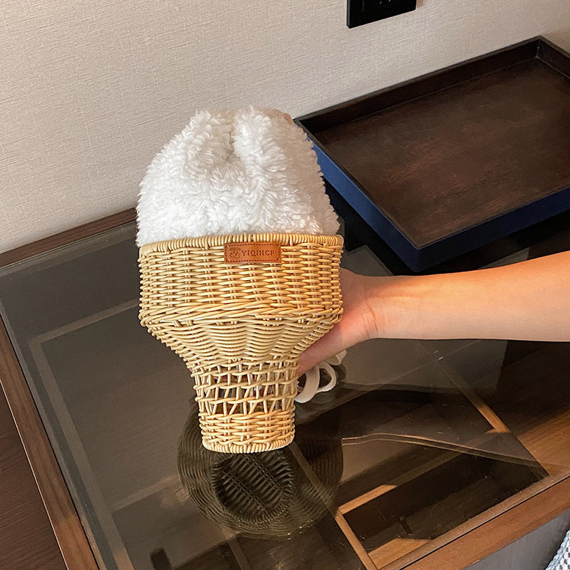 Sac cylindrique en paille et rotin tressé avec cordon de serrage – Hauteur 29 cm