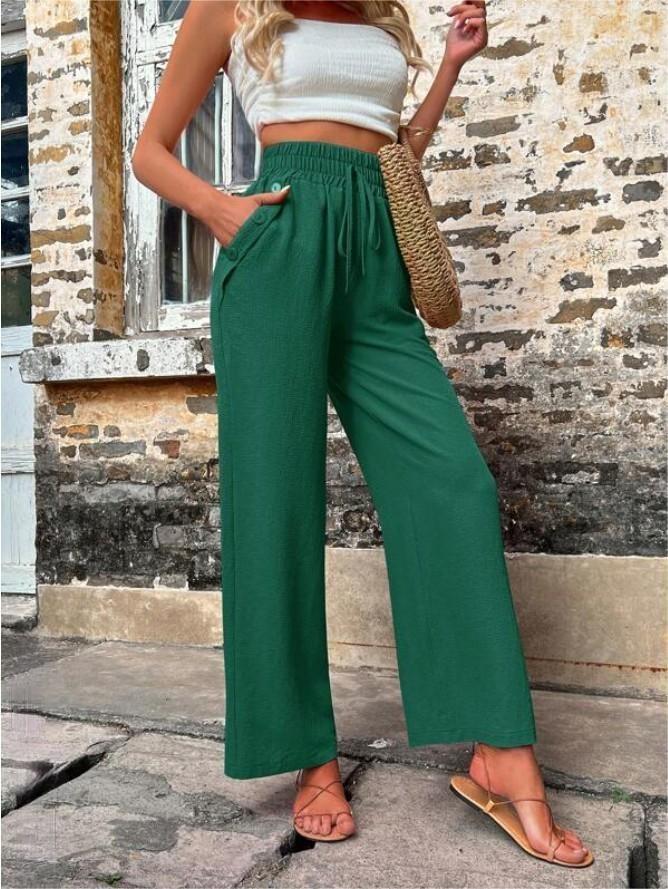 High Waist Casual Women's Pants with Elastic Drawstring & Pockets