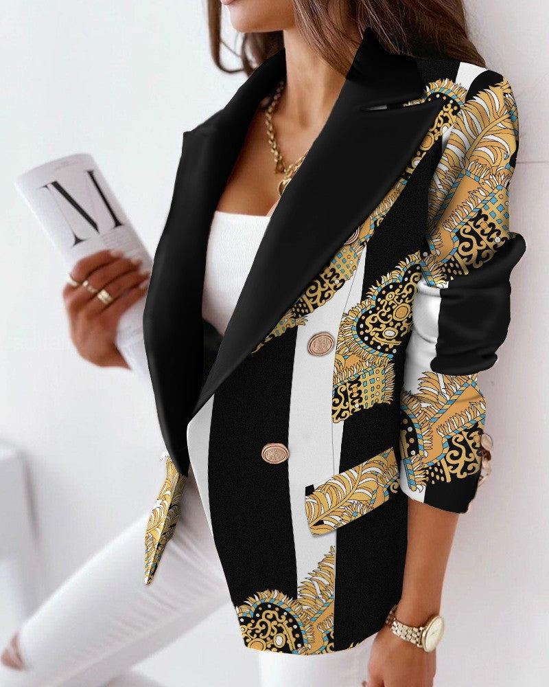 Long Sleeve Double-Breasted Printed Slim Fit Suit Jacket