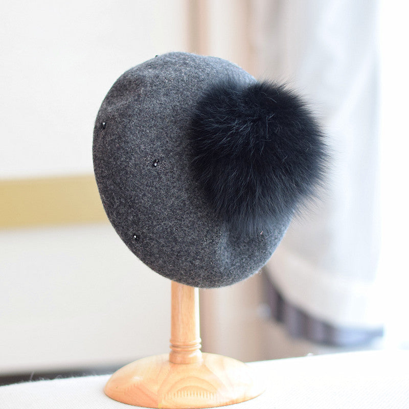 Women's Vintage Wool Dome Hat with Fox Fur Ball for Autumn Winter M 56-58cm