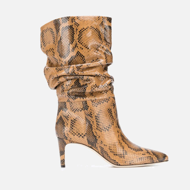 Bottes mi-hautes à talon aiguille et bout pointu pour femmes, imprimé serpent argenté et violet