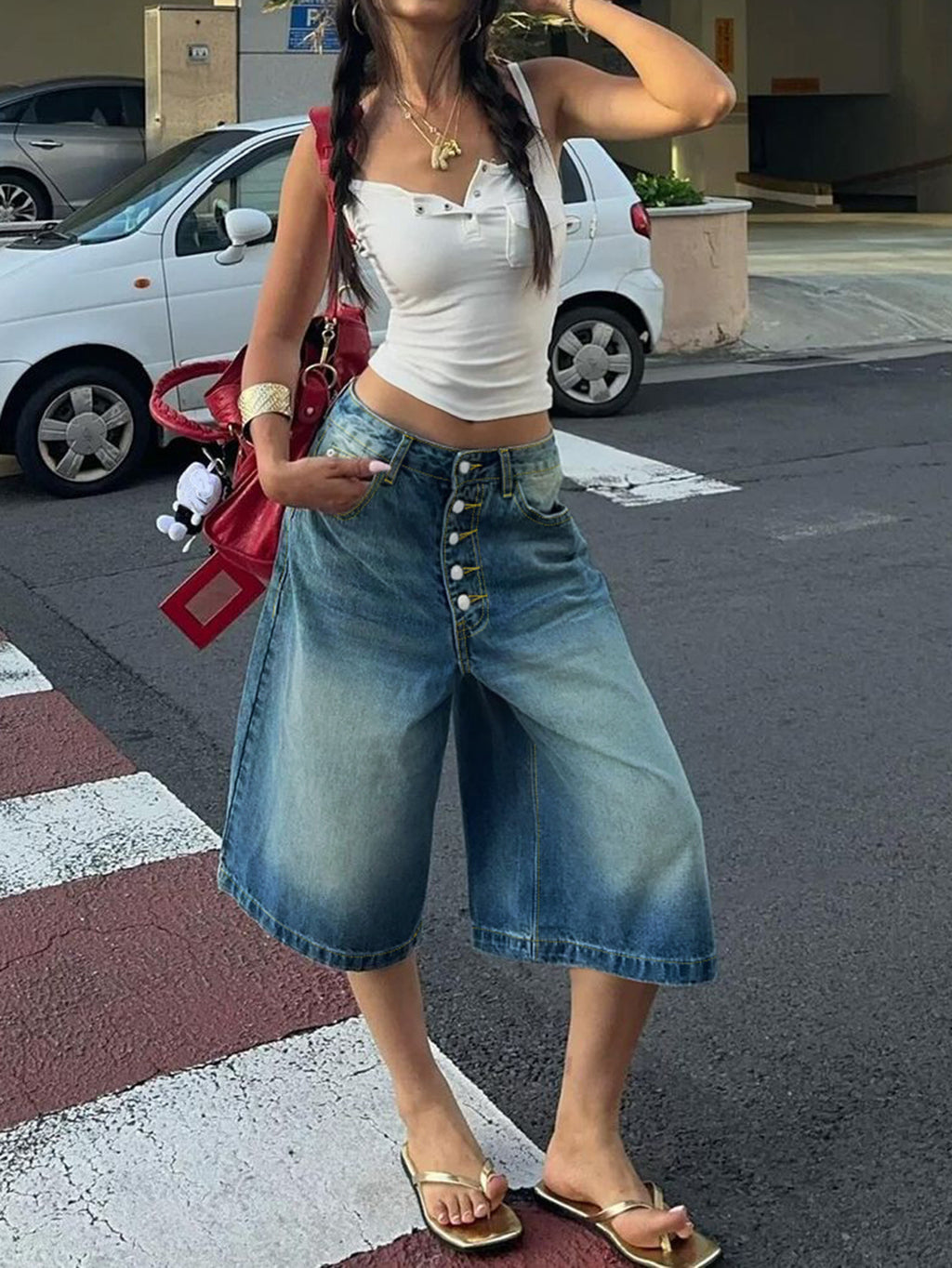 Multi-Breasted Mid-Waist Denim Shorts in Light Blue, Black & Blue