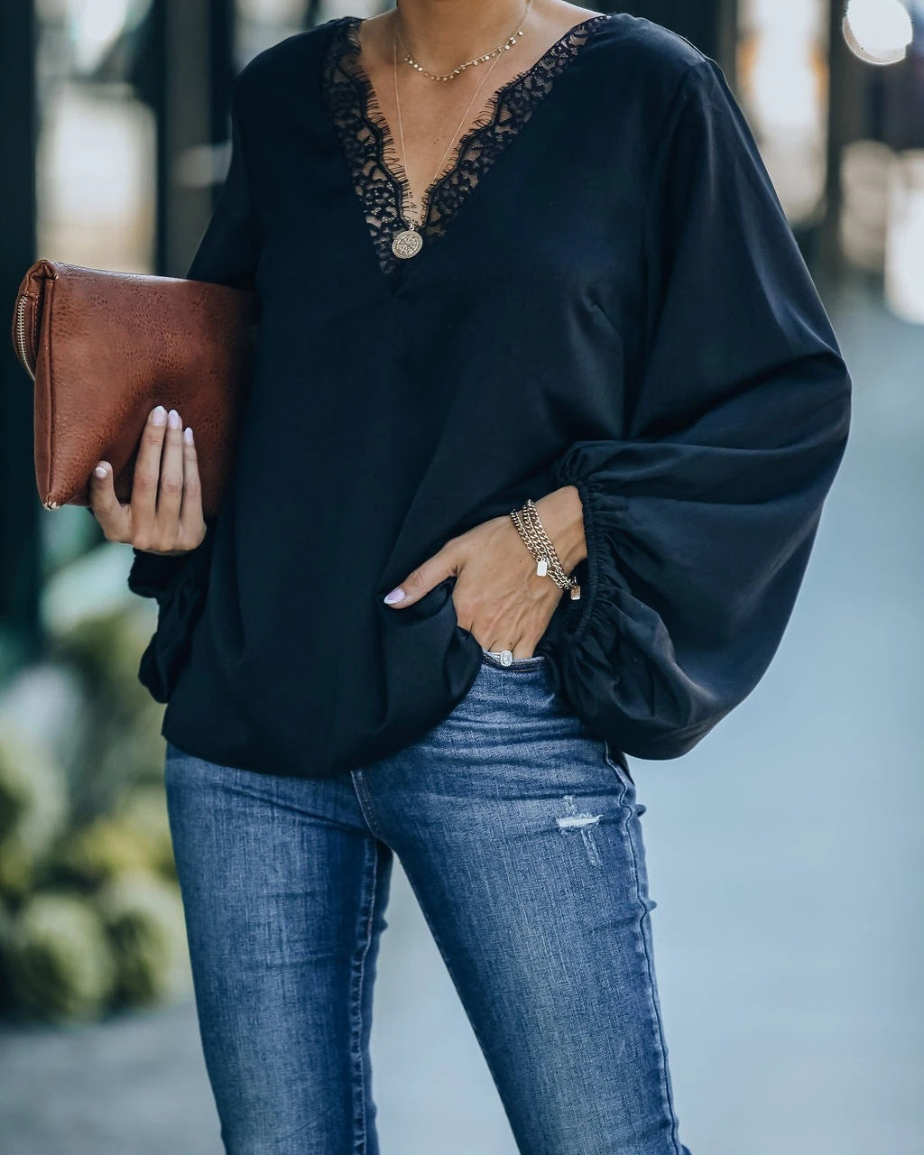 Solid Color V-Neck Long Sleeve Pullover Top