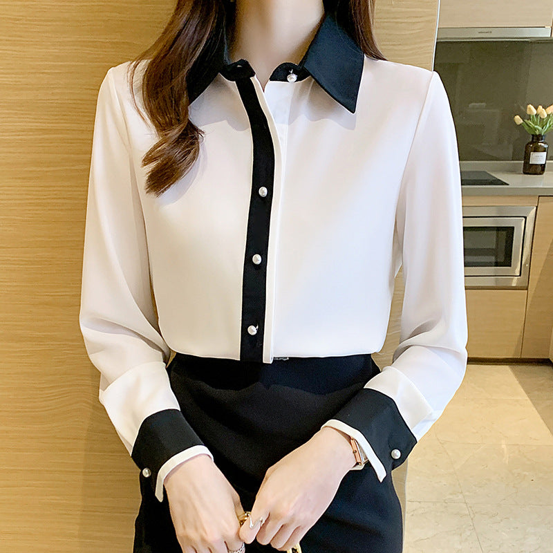 Contrast Color Single Row Pearl Buckle Long Sleeve Cardigan Shirt