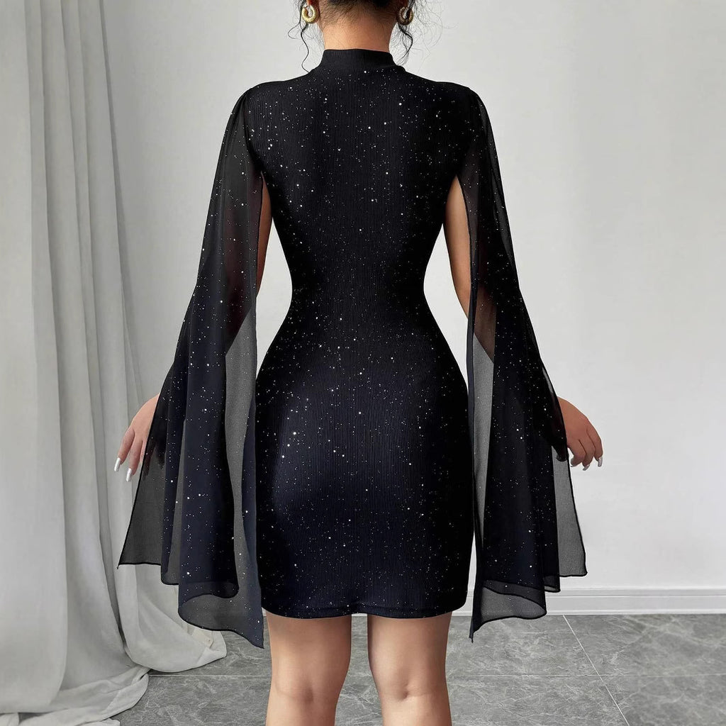 Robe Courte de Soirée Élégante pour Femme Col Rond Perle Mousseline Manche Cape Hanche Enveloppée