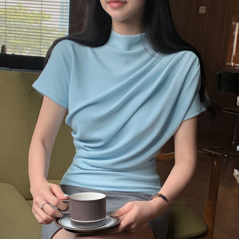 French Turtleneck Short Sleeve Modal T-Shirt for Women, Waist-Controlled Top