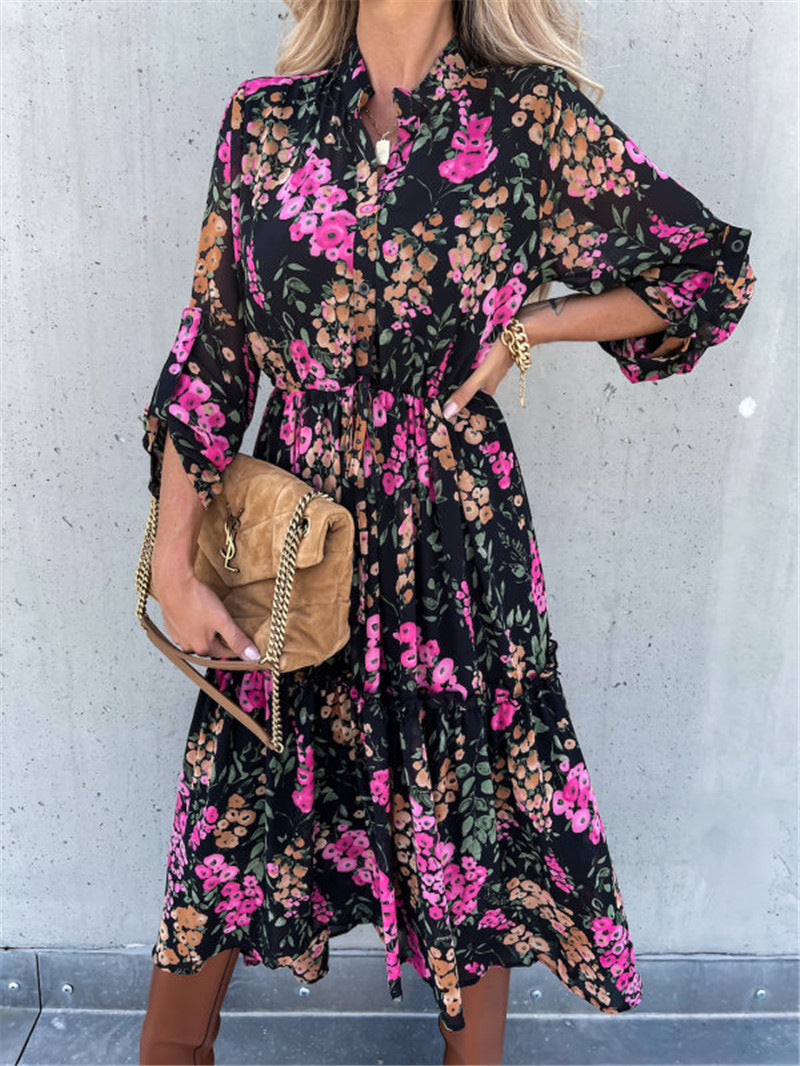 Robe mi-longue slim à col montant imprimée pour femme