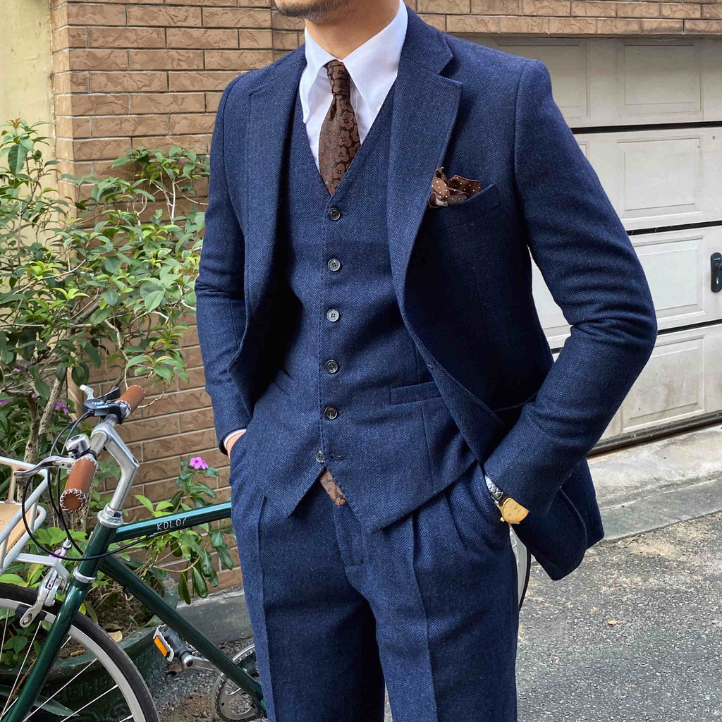 Retro Herringbone Wool Slim Fit Men's Winter Suit Set