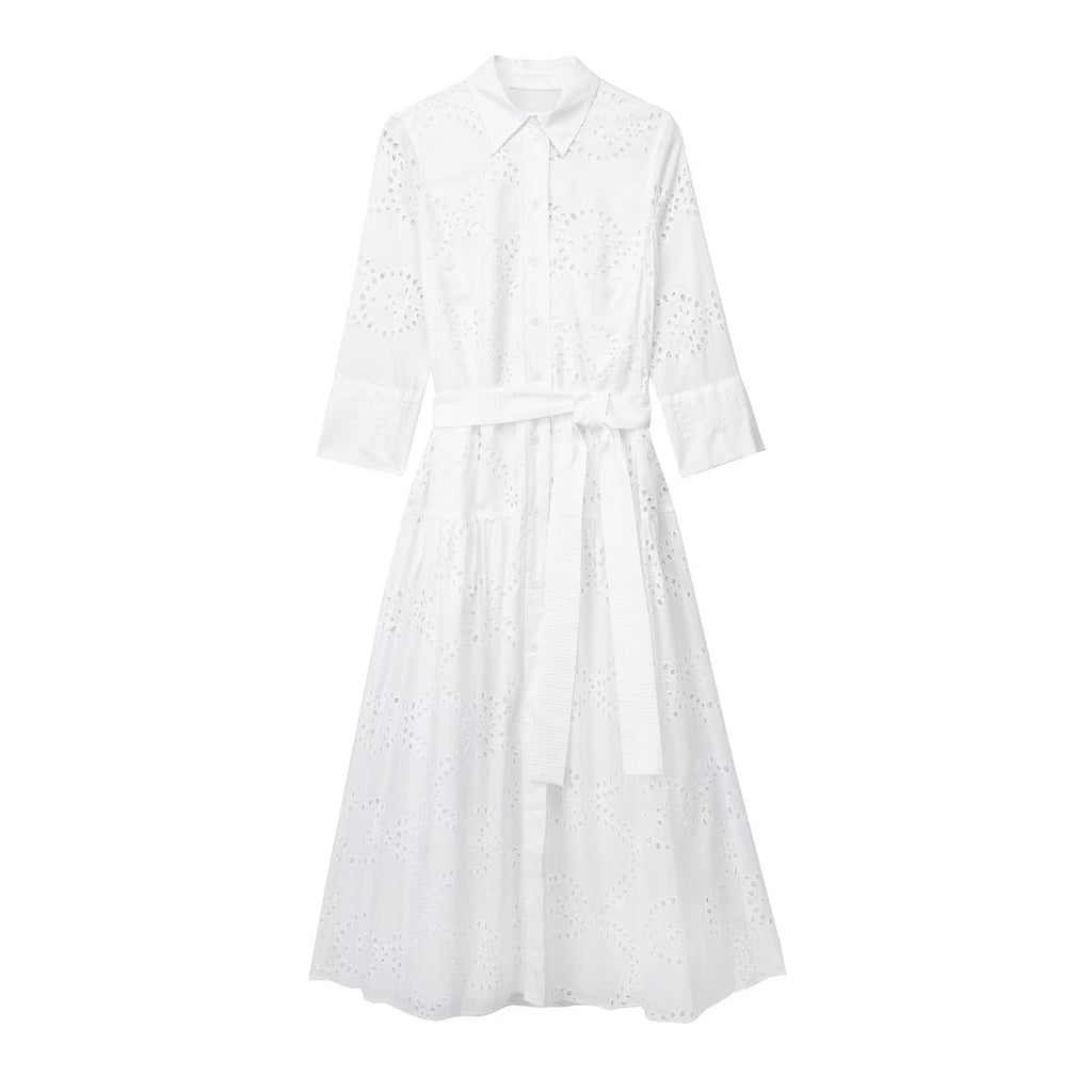 Robe élégante en coton blanc à manches longues, taille mi-haute, du XS au L pour femme