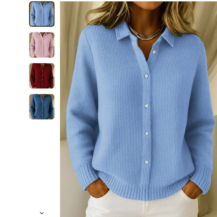Pull décontracté tricoté à revers boutonné et manches longues pour femme