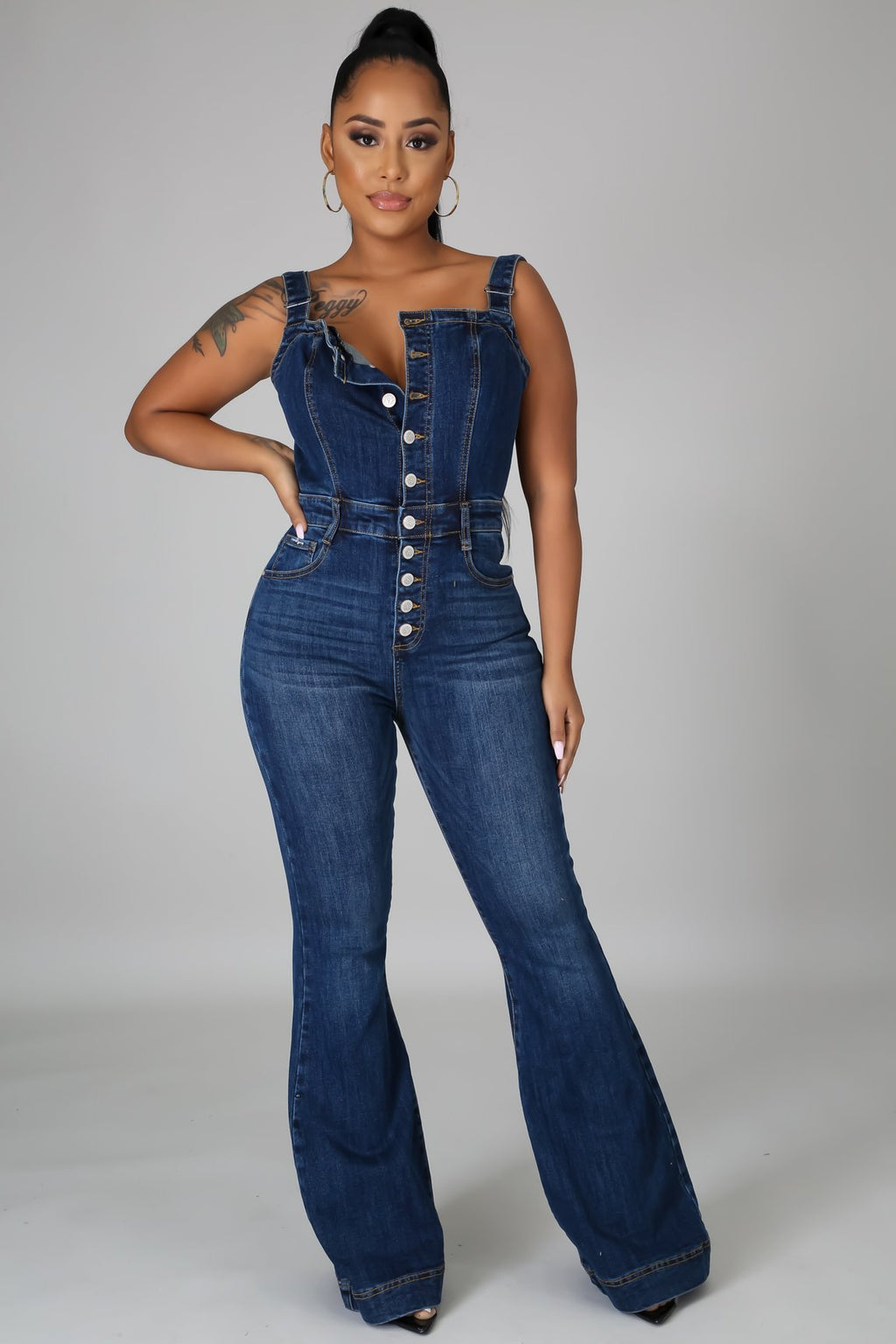 Women's Dark Blue Denim Casual Jumpsuit Mid Waist Wide Leg