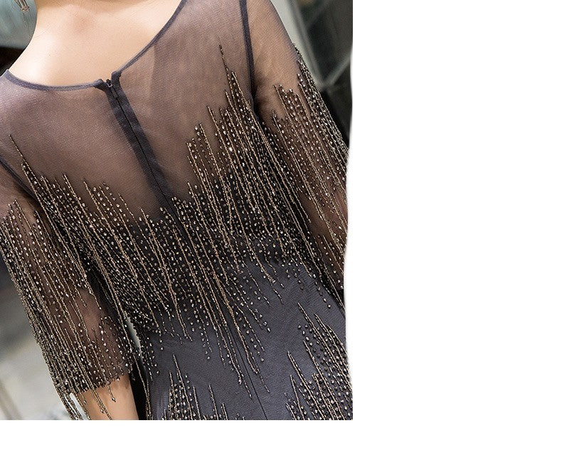 Temperament Hostess Evening Dress for Women with Pearl Beads and Zipper Detail