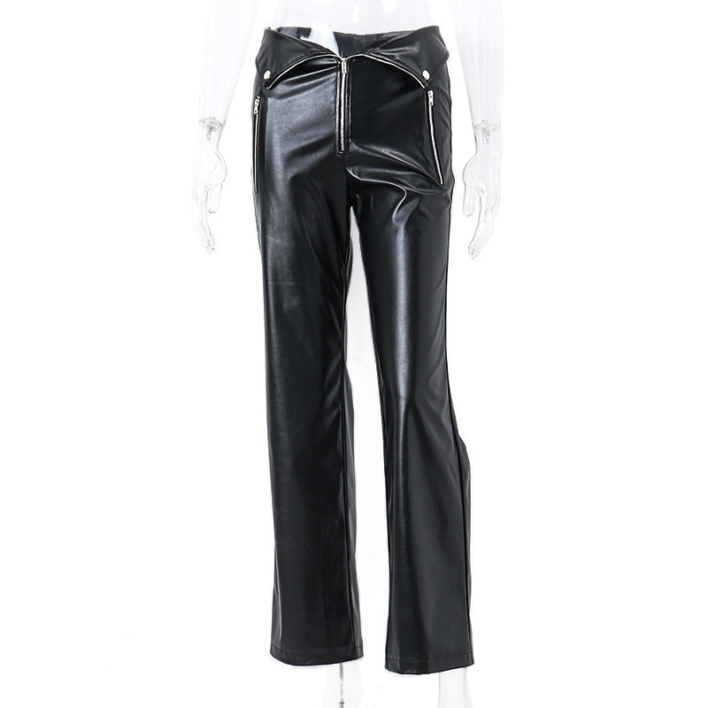 High Waist Black Leather Wide Leg Casual Pants
