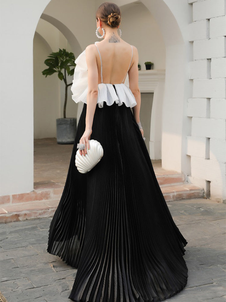 Women's Fashion Black And White Pressed Folded Handmade Flower Hem Dress