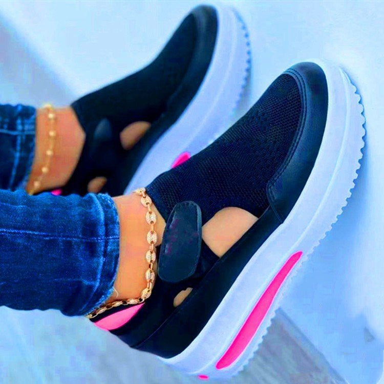 Breathable Flat Fly Knit Mesh Casual Shoes with Velcro Closure