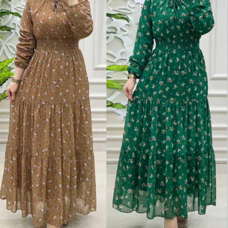 Robe longue en mousseline de soie à fleurs smockée élégante pour femme du Moyen-Orient