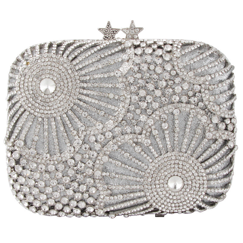 Star Flower Rhinestone Silver Alloy Clutch Dinner Bag 15.5x13.5x5.5cm