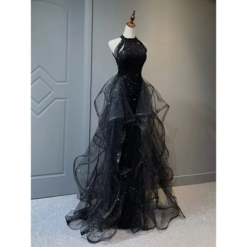 Black Sleeveless High Waist Evening Dress for Women, XS-XXL