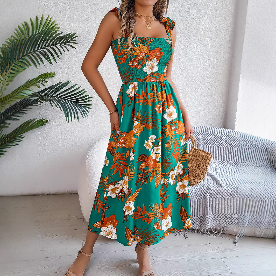Floral Print Suspender Corset Dress Sleeveless High-Waist Summer Beach Dress for Women