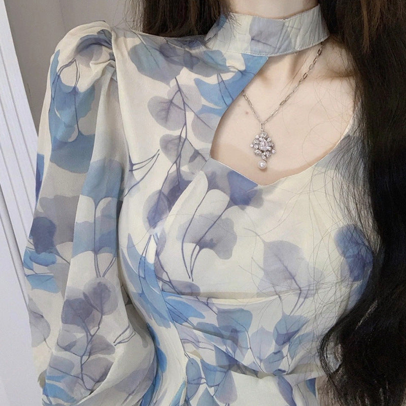 Women's Blue Floral Chiffon Dress with Round Neck, Sizes S-XL