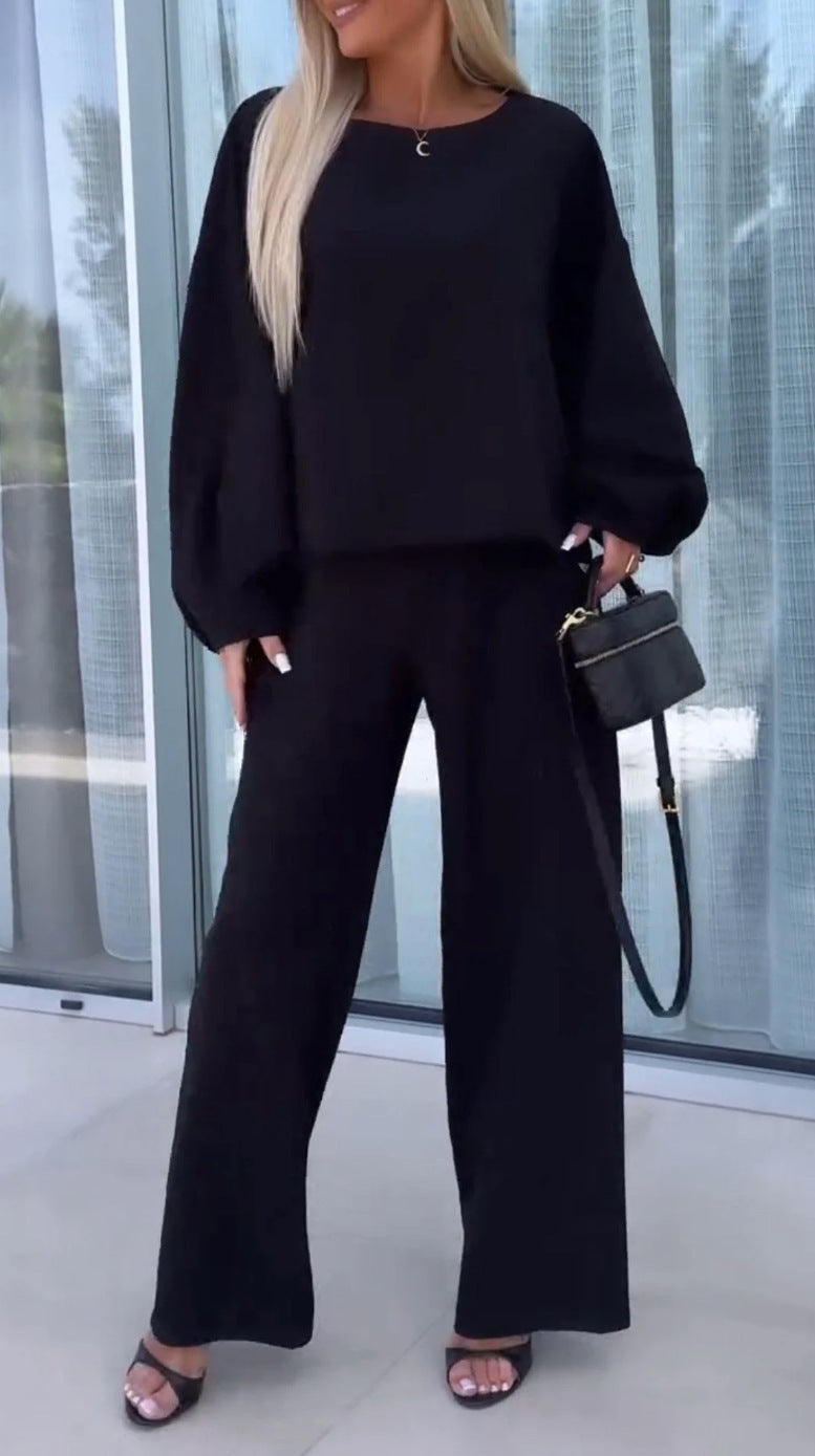 Ensemble deux-pièces femme couleur unie col rond manches longues taille élastique