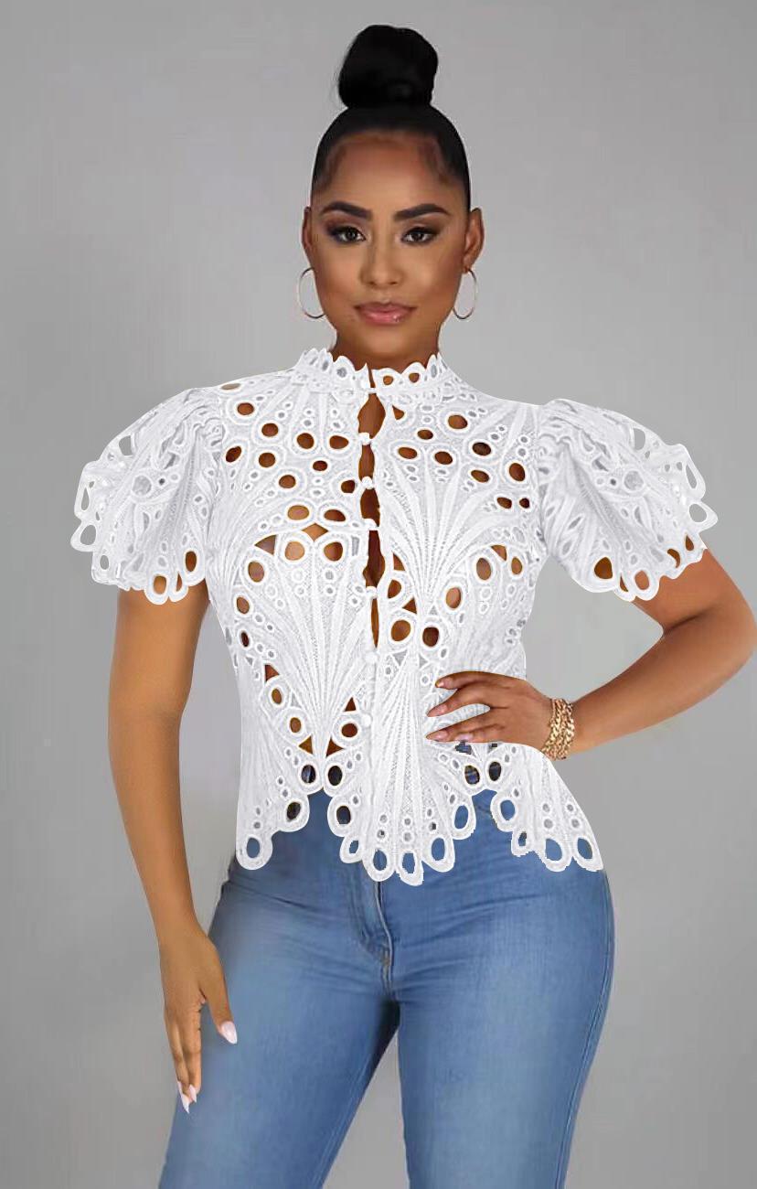 Sexy Cutout See-Through Lace Puff Sleeve Irregular Top for Women