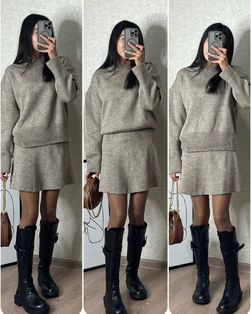 Ensemble 2 pièces tricoté pour femme : pull à manches longues et mini-jupe taille haute
