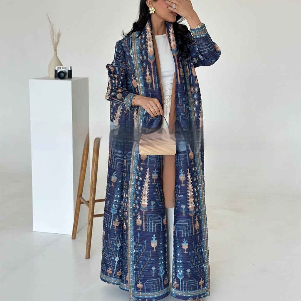 Pleated Trench Djellaba Printed Shawl Cardigan Ethnic Cloak Coat for Middle East Women