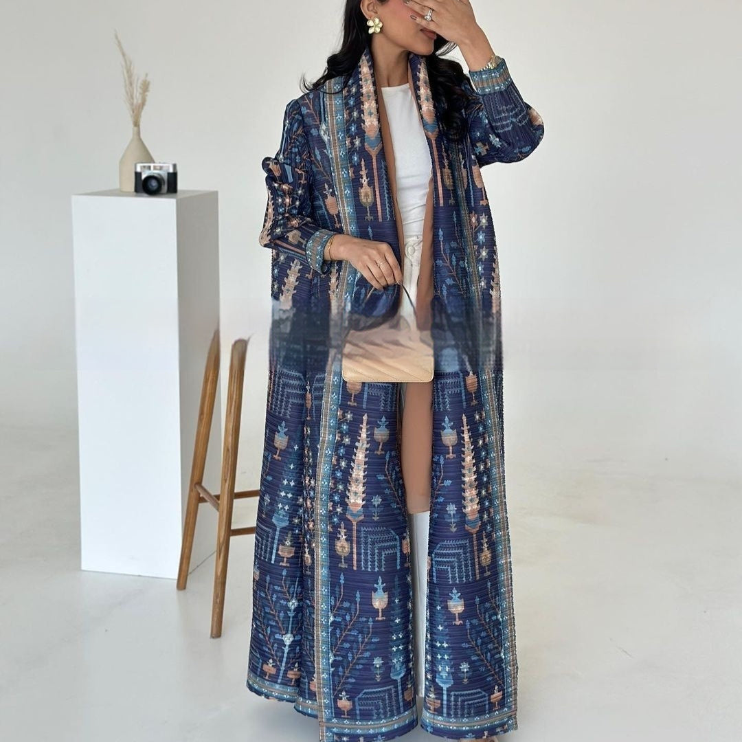 Pleated Trench Djellaba Printed Shawl Cardigan Ethnic Cloak Coat for Middle East Women