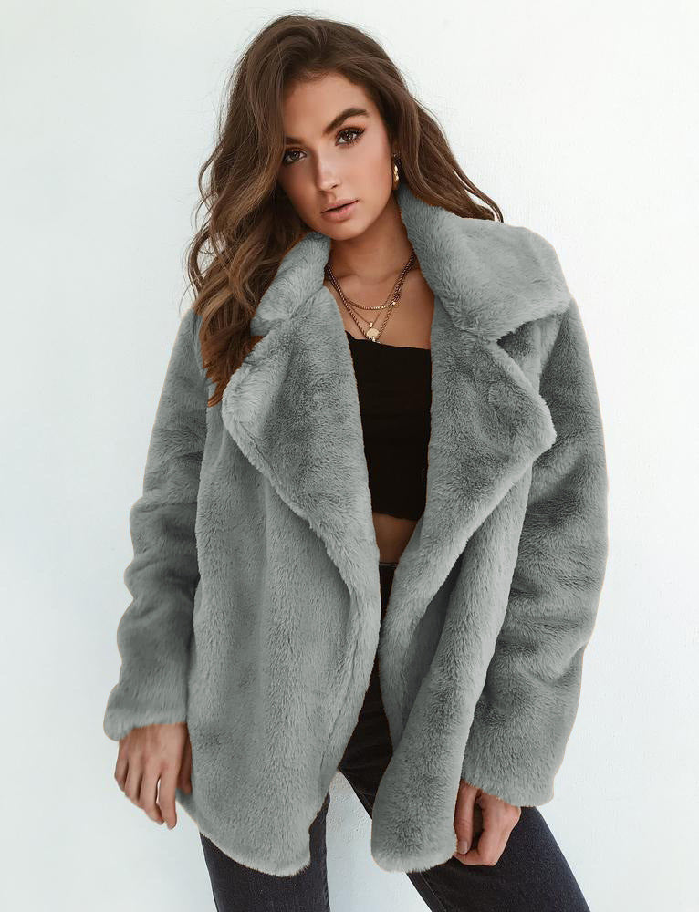 Plush Lapel Woolen Coat for Women - Casual Loose Fit