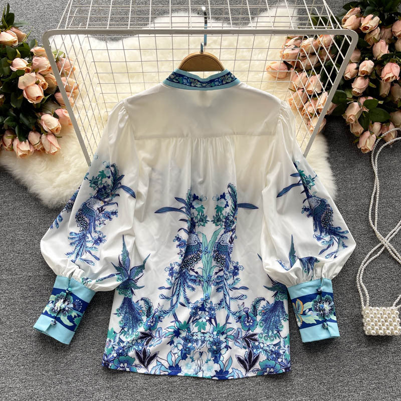 Printed Lantern Sleeve Slim Fit Small Stand-Up Collar Ladies Shirt