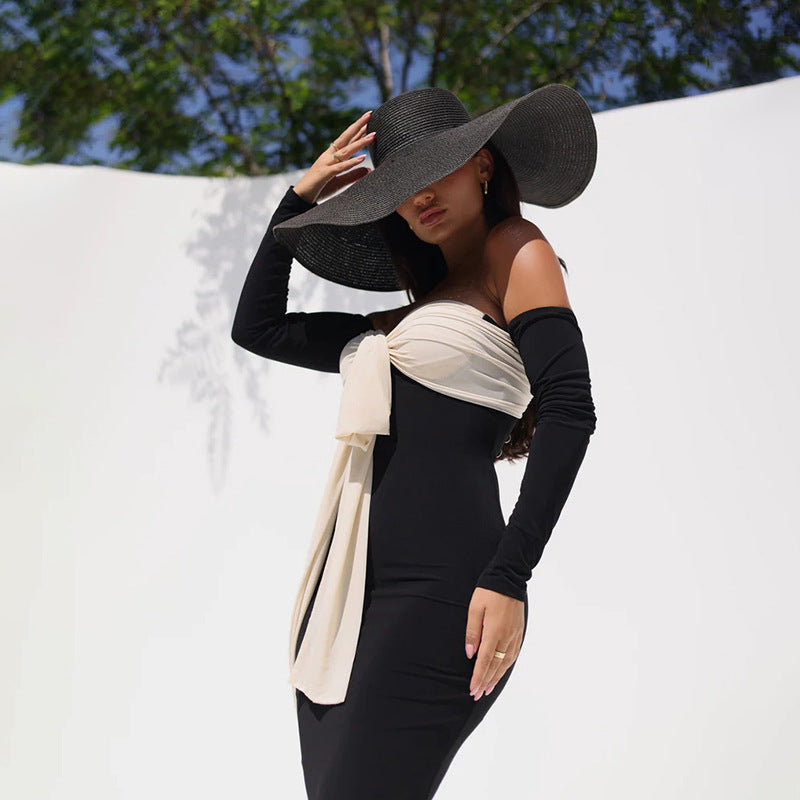 Black Lace-Up Off-Shoulder Slim-Fit Long Sleeve Dress