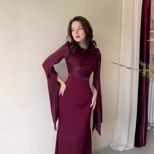 Large Satin Slim Fit Dress with Glass Gauze Long Hem Sleeves