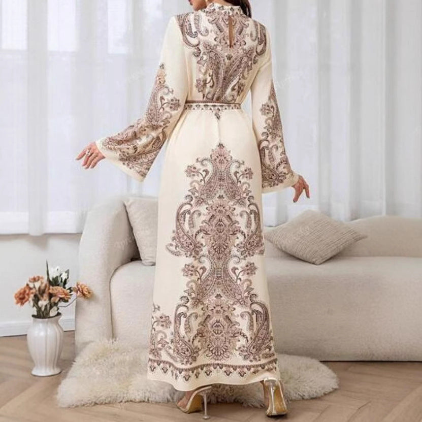 Ivory White Wavy Edge Retro Middle Eastern Lantern Sleeve Dress