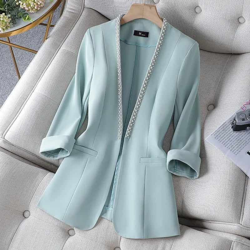 Plus Size Women's Thin Suit Jacket in Green, White & Black