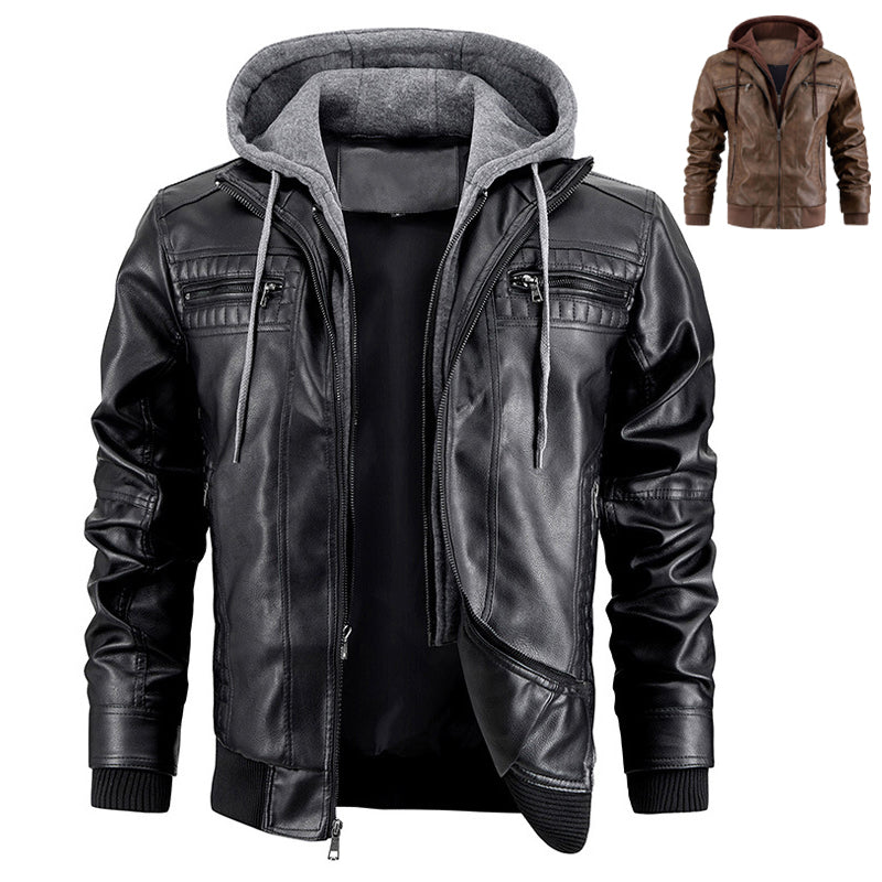 Blouson à capuche en cuir PU pour hommes avec poches zippées - Manteau chaud et tendance
