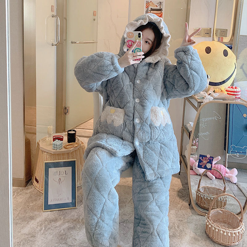 Ensemble de pyjama molletonné épais en velours corail pour femmes rondes, longueur mi-cuisse en flanelle