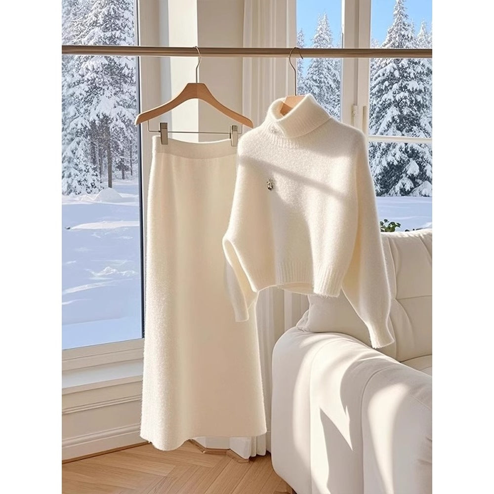 White Temperament Thick Sweater Skirt Suit for Women